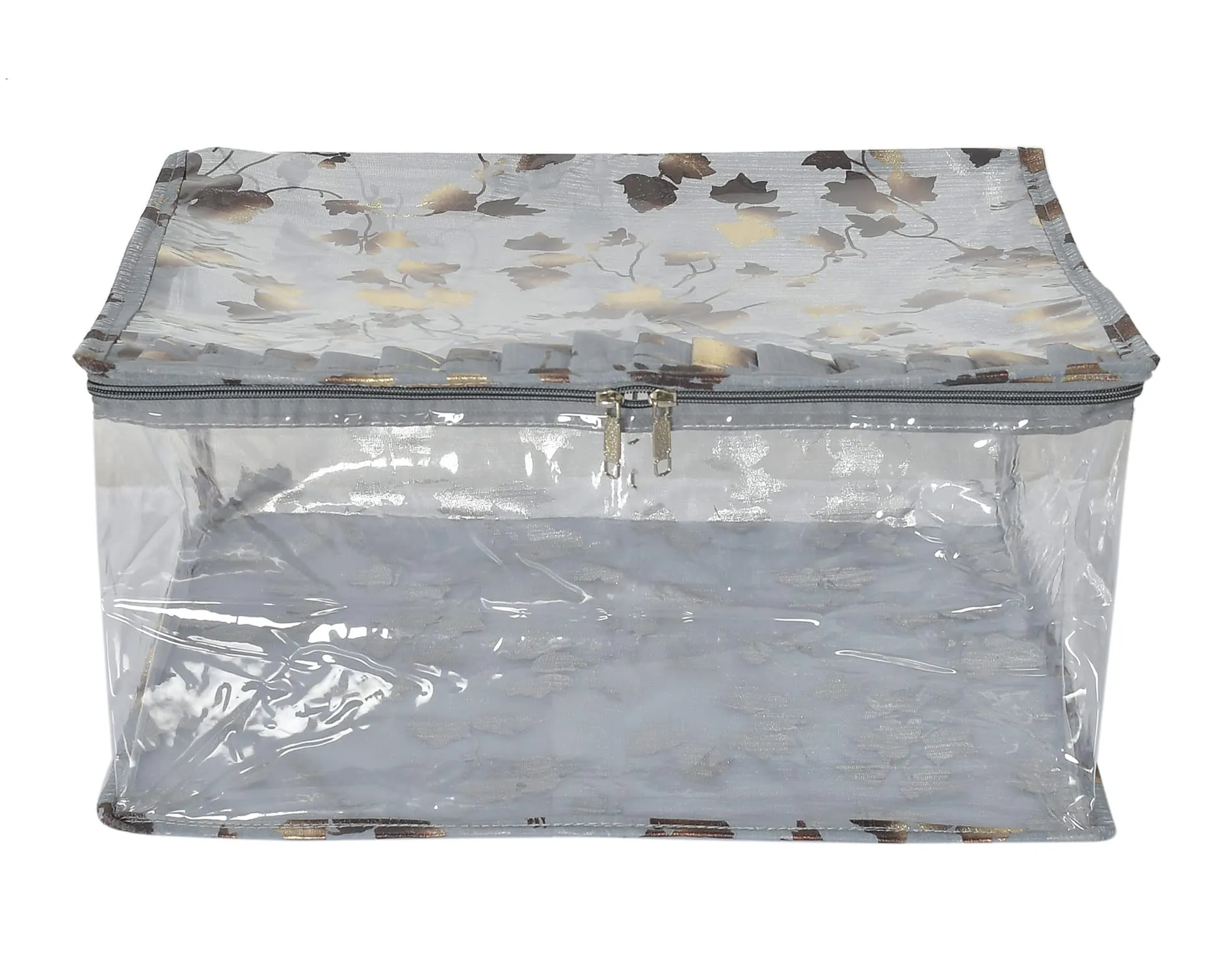 Heart Home Leaf Printed Laminated Transparent Underbed Storage Bag- Pack of 2 (Grey)-HS43HEARTH26135