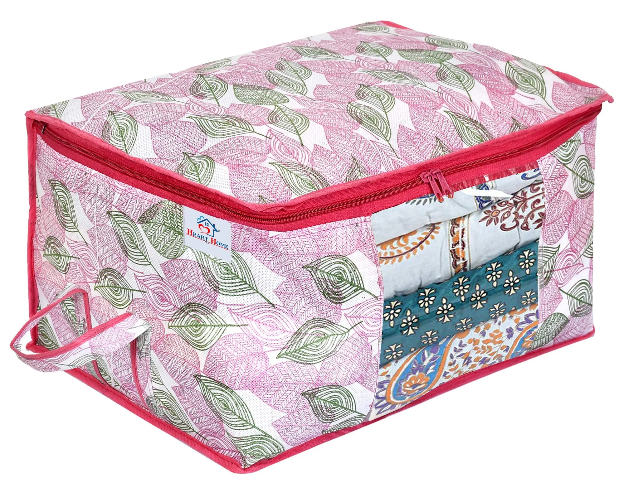 Heart Home Metalic Leafy Print Non Woven Underbed Storage Bag|Cloth Organiser|Storage Bag For Clothes Large|Blanket Cover with Transparent Window (Pink)