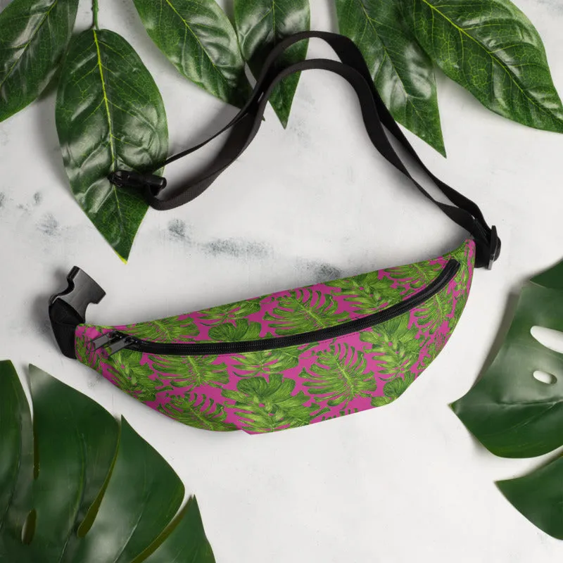 Hot Pink Fanny Pack, Tropical Leave Print Designer Fanny Pack Over The Shoulder Bag- Made in USA