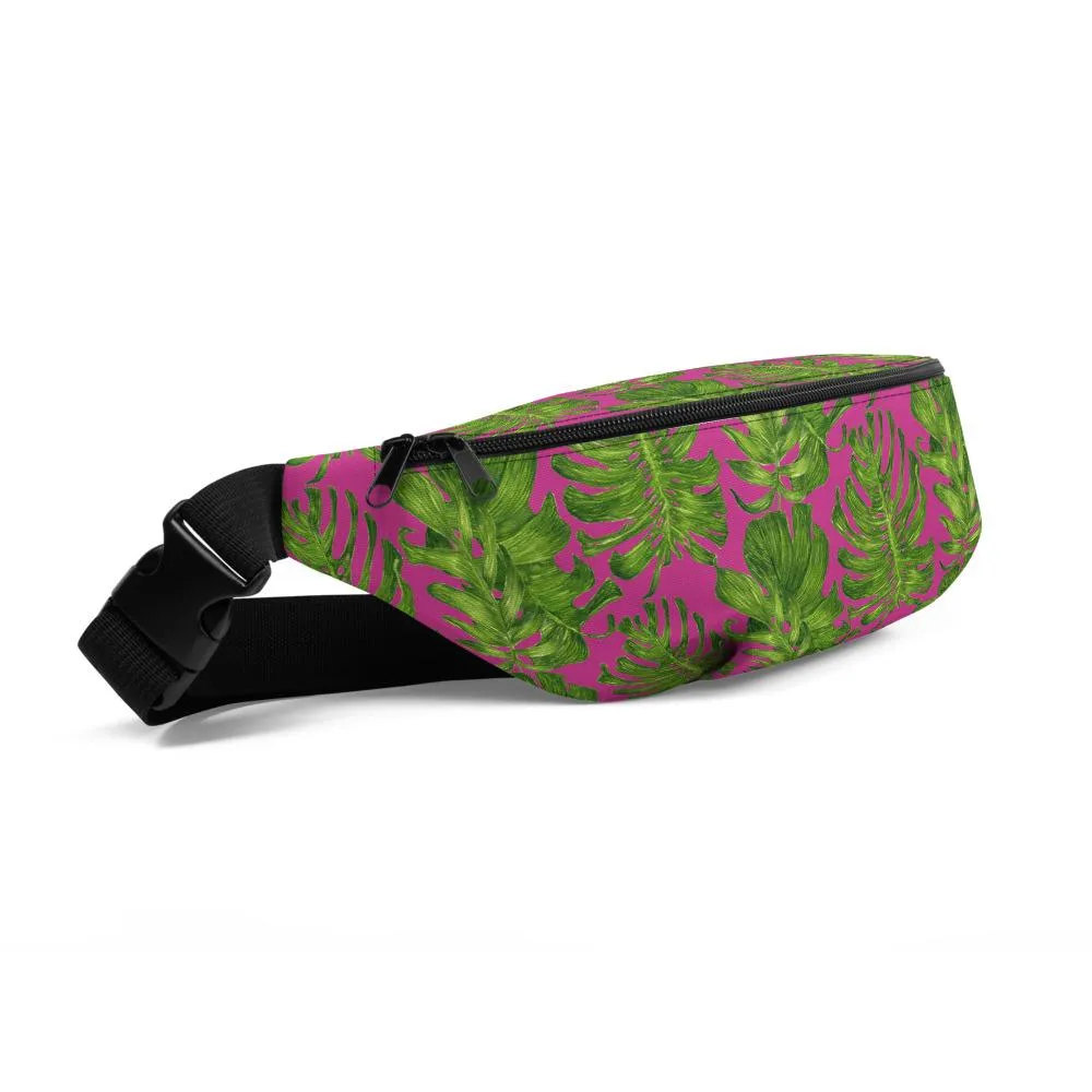 Hot Pink Fanny Pack, Tropical Leave Print Designer Fanny Pack Over The Shoulder Bag- Made in USA