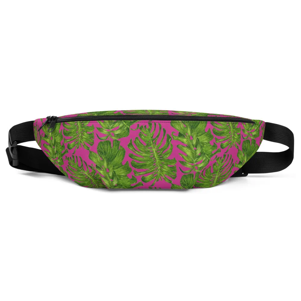 Hot Pink Fanny Pack, Tropical Leave Print Designer Fanny Pack Over The Shoulder Bag- Made in USA