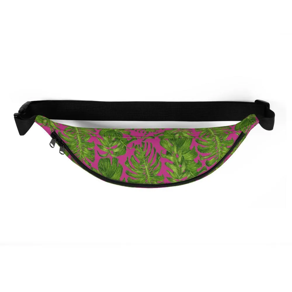 Hot Pink Fanny Pack, Tropical Leave Print Designer Fanny Pack Over The Shoulder Bag- Made in USA