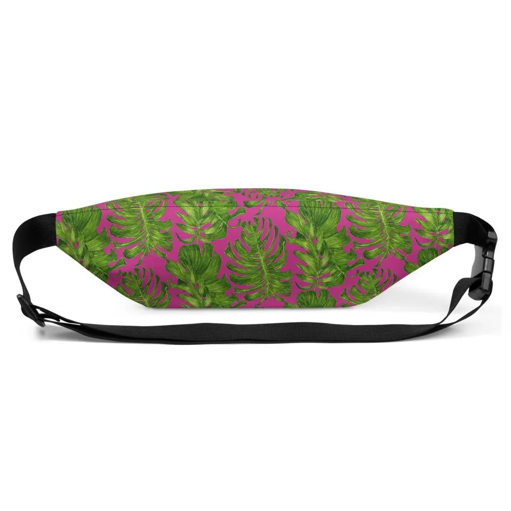 Hot Pink Fanny Pack, Tropical Leave Print Designer Fanny Pack Over The Shoulder Bag- Made in USA