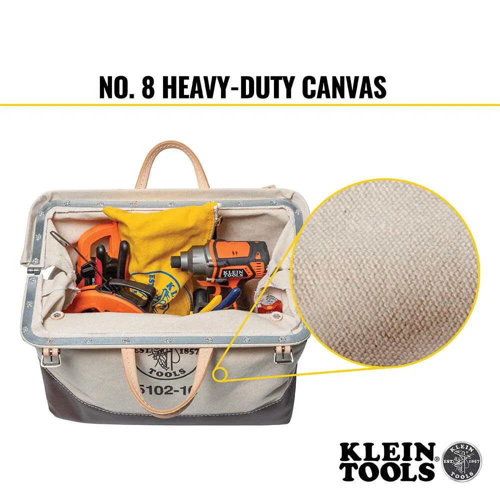 Klein Tools 5102-16 Heavy Duty Natural Canvas Tool Bag, Tool Tote, Multi-Purpose Bag with Wide Hinged Opening and Leather Handles, 16-Inch