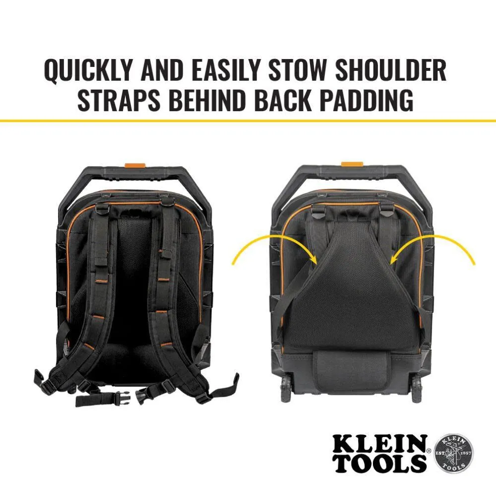 Klein Tools 55604 Rolling Tool Backpack, Tool Bag with 28 Pockets, Heavy Duty Retractable Handle, Large Tool Storage Interior, 3-Inch Wheels