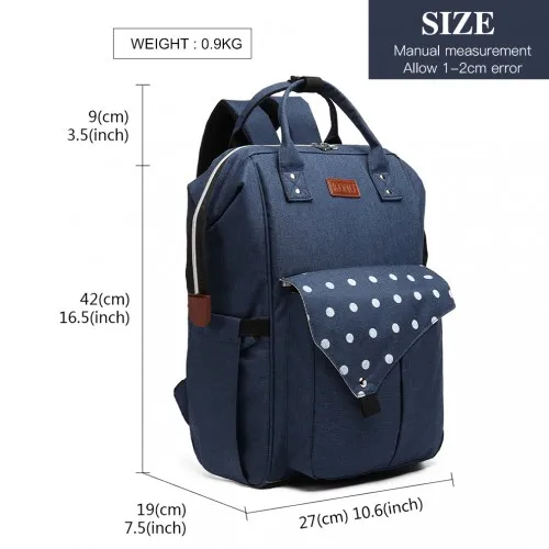 KONO Polka Dot Maternity Backpack Bag with USB Connectivity - Navy | Spacious, Durable & Stylish