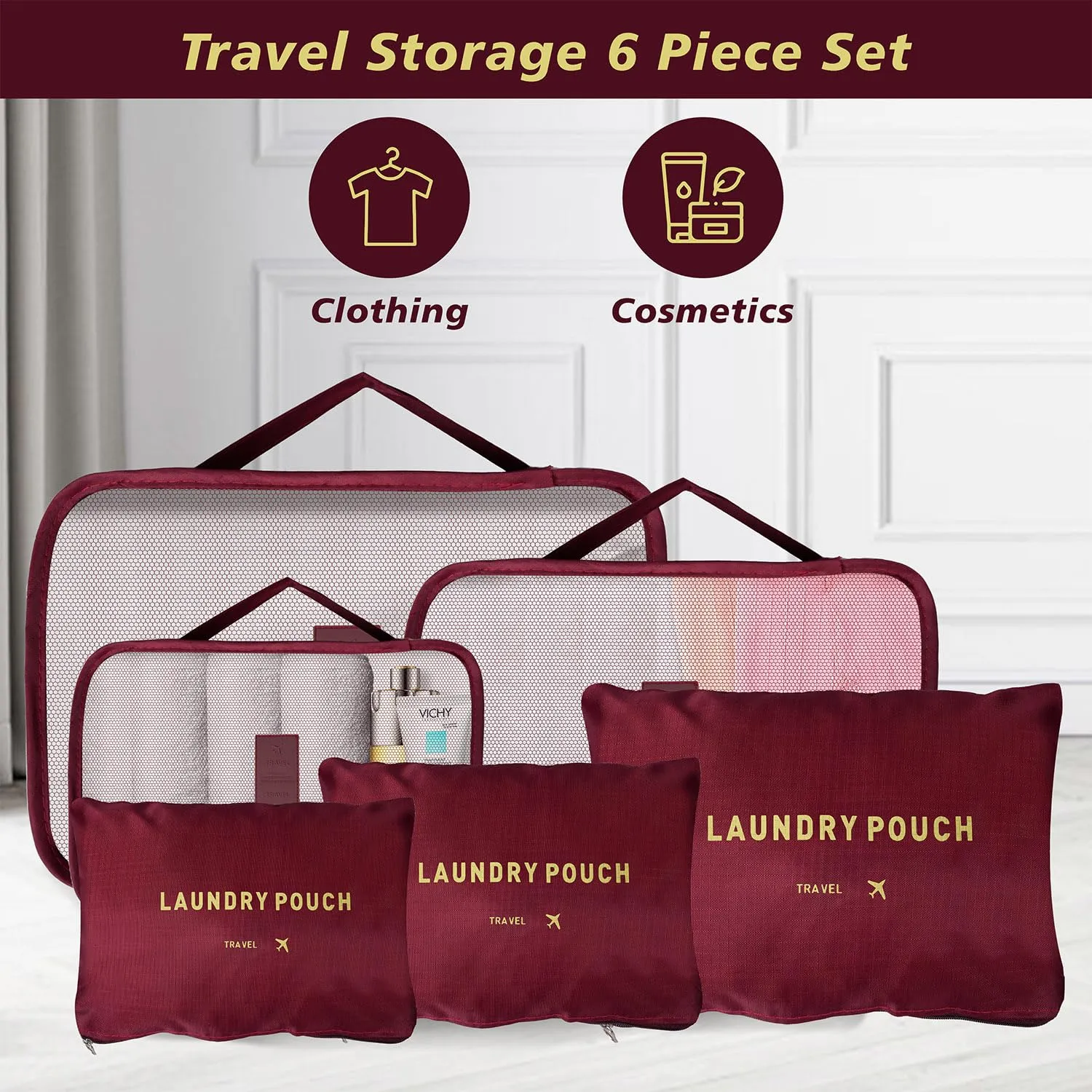 Kuber Industries 30 Pcs Travel Luggage Bag | Toiletry Bag for Jewellery-Watches-Bracelets | Multi-Purpose Storage Bag with Handle | Travel Utility Storage Pouches | LYN16-MRO | Maroon| Pack of 5