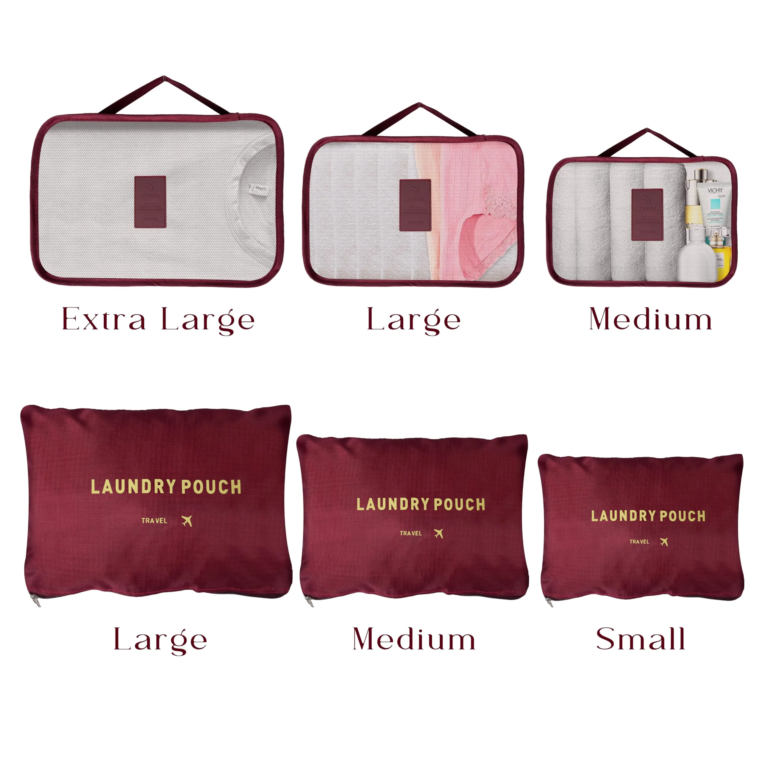 Kuber Industries 30 Pcs Travel Luggage Bag | Toiletry Bag for Jewellery-Watches-Bracelets | Multi-Purpose Storage Bag with Handle | Travel Utility Storage Pouches | LYN16-MRO | Maroon| Pack of 5