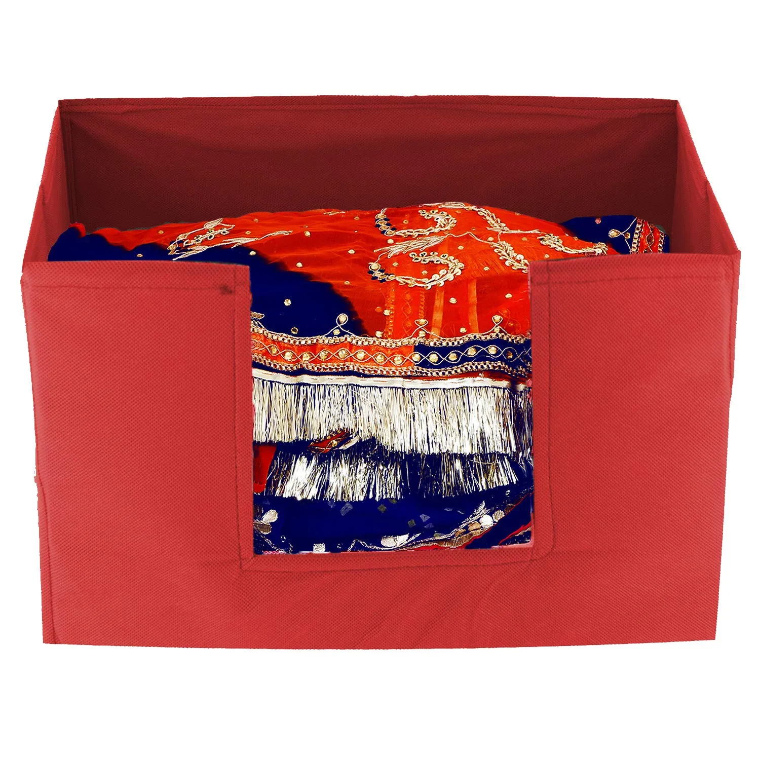 Kuber Industries 4 Pieces Large Capacity Space Saver Closet, Stackable and Foldable Saree, Clothes Storage Bag, Non-Woven Rectangle Cloth Saree Stacker Wardrobe Organizer (Red) CTKTC0134613