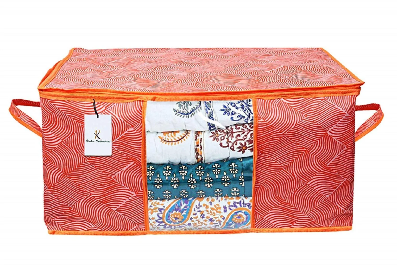 Kuber Industries Laheriya Printed Non Woven 6 Pieces Saree Cover And 6 Pieces Underbed Storage Bag, Cloth Organizer For Storage, Blanket Cover Combo Set (Orange) -CTLTC038701