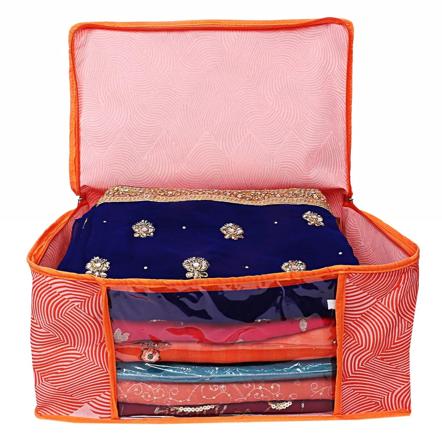 Kuber Industries Laheriya Printed Non Woven 6 Pieces Saree Cover And 6 Pieces Underbed Storage Bag, Cloth Organizer For Storage, Blanket Cover Combo Set (Orange) -CTLTC038701