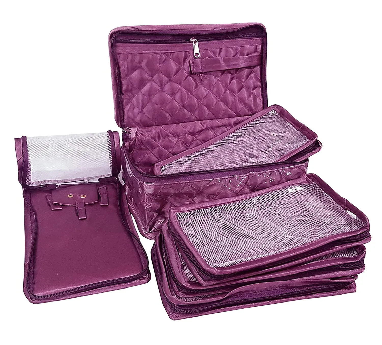 Kuber Industries Laminated Jewellery Organizer With 5 Tranasparent Mesh Pouches(Purple)-HS_38_KUBMART20999