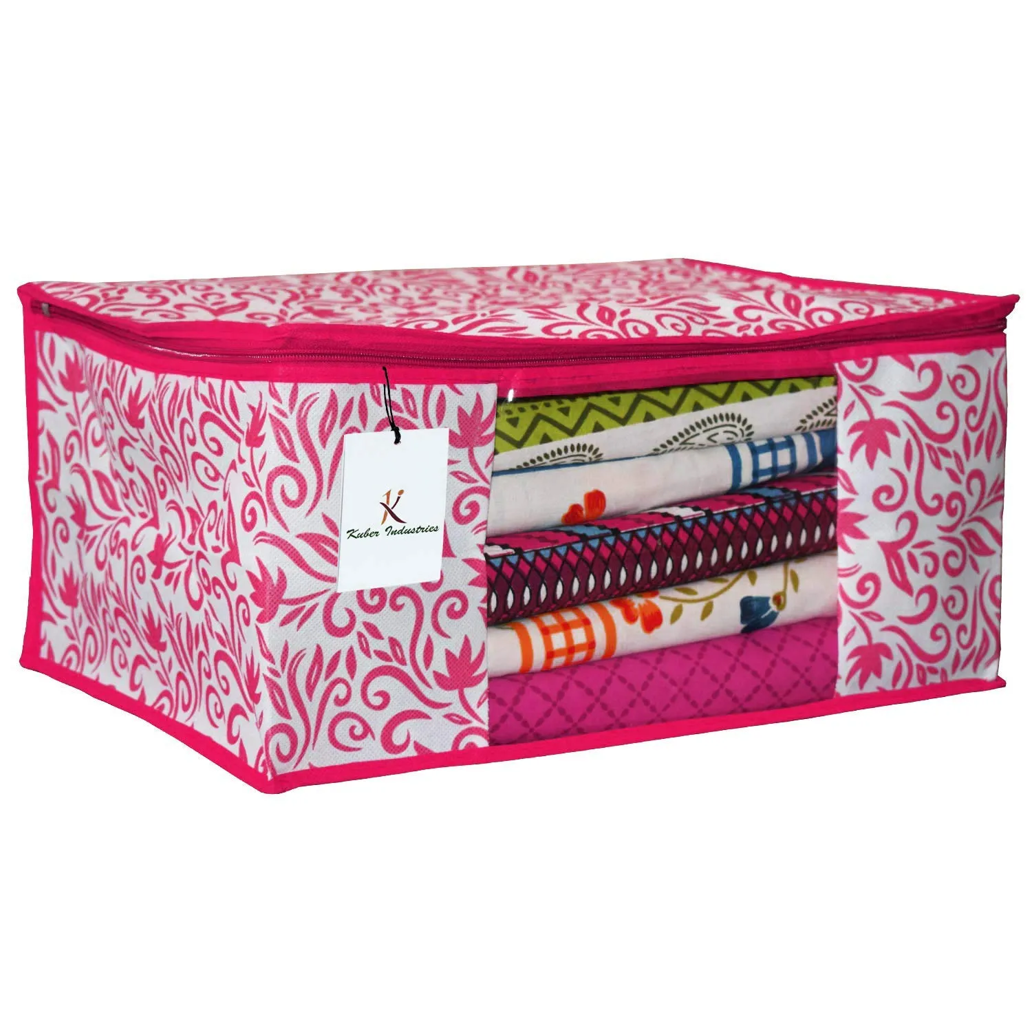 Kuber Industries Leaf Design Non Woven 6 Pieces Saree Cover and 3 Pieces Underbed Storage Bag, Cloth Organizer for Storage, Blanket Cover Combo Set (Pink) -CTKTC38664