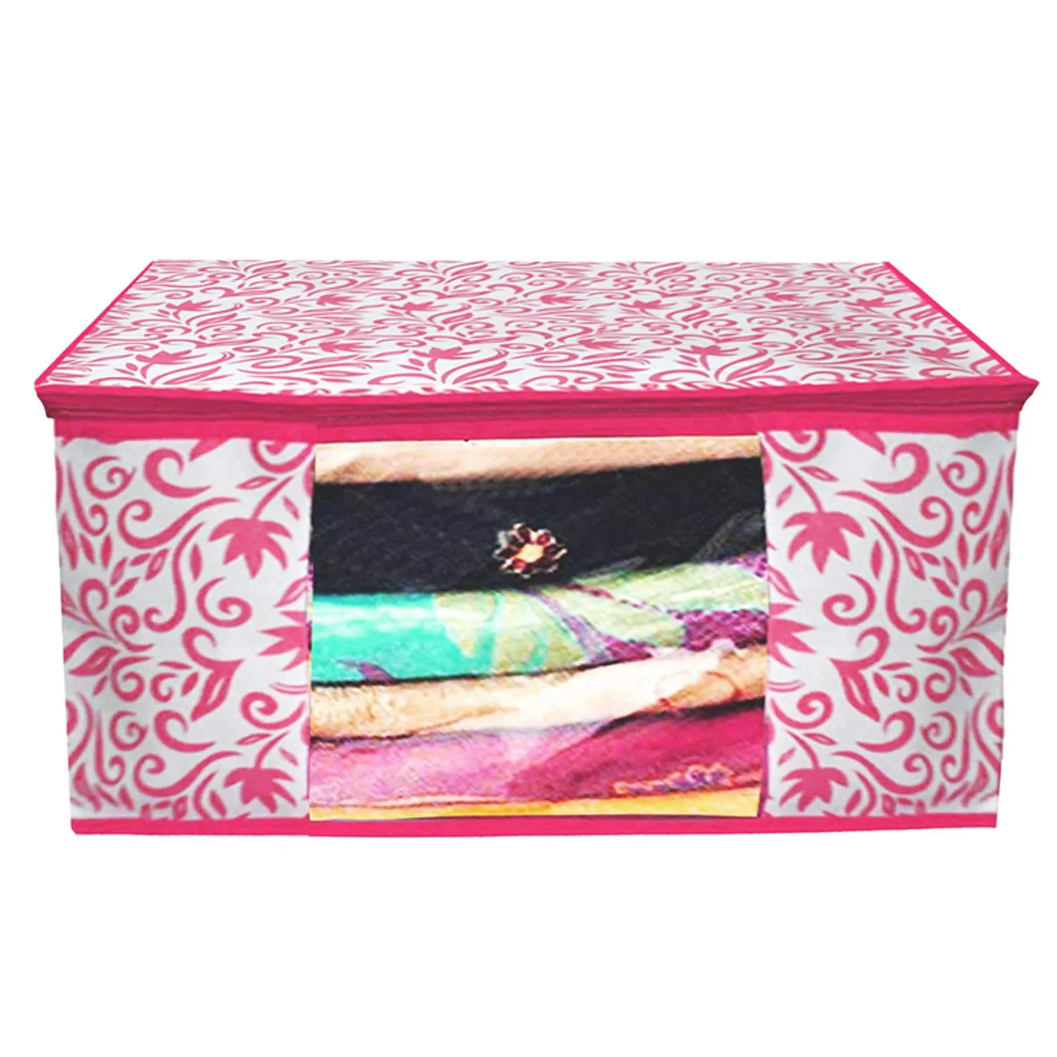 Kuber Industries Leaf Design Non Woven 6 Pieces Saree Cover and 3 Pieces Underbed Storage Bag, Cloth Organizer for Storage, Blanket Cover Combo Set (Pink) -CTKTC38664