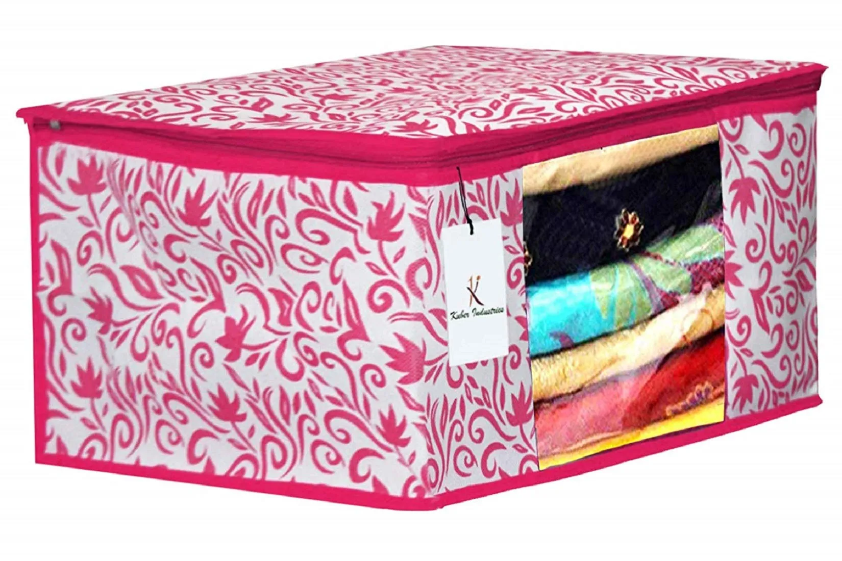 Kuber Industries Leaf Design Non Woven 6 Pieces Saree Cover and 3 Pieces Underbed Storage Bag, Cloth Organizer for Storage, Blanket Cover Combo Set (Pink) -CTKTC38664