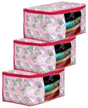 Kuber Industries Leaf Design Non-wovenNon-woven Foldable Saree Cover|Clothes Storage Bag/Wardrobe Organizer|Zipper Closer With Transparent Window|Size 46 x 32 x 22 CM|Pack of 3 (Pink)-44KM0361