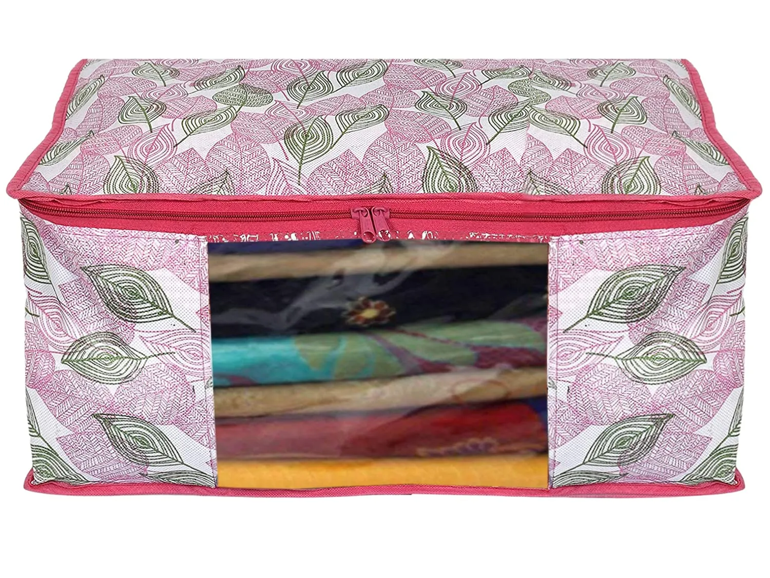 Kuber Industries Leaf Design Non-wovenNon-woven Foldable Saree Cover|Clothes Storage Bag/Wardrobe Organizer|Zipper Closer With Transparent Window|Size 46 x 32 x 22 CM|Pack of 3 (Pink)-44KM0361