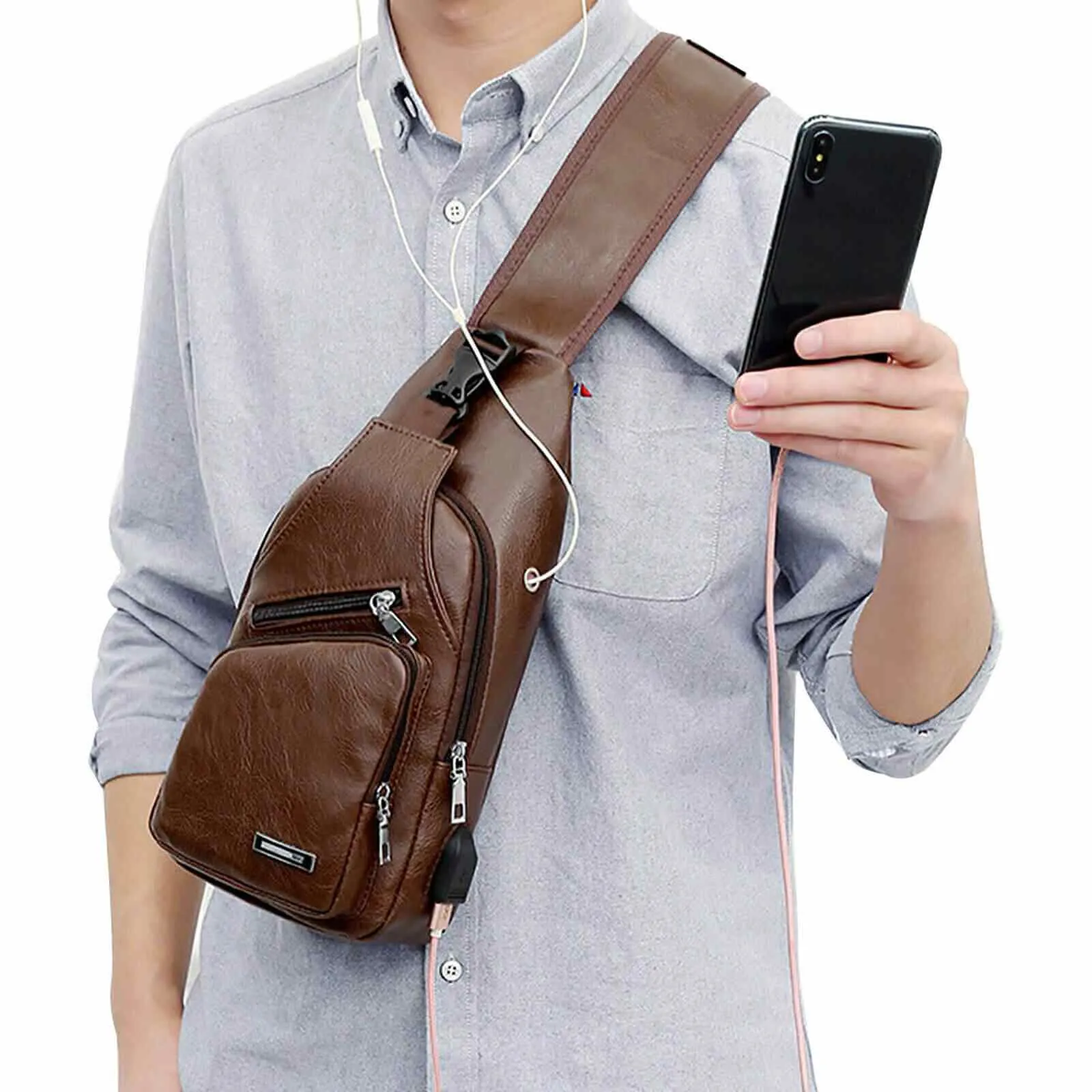 Leather Crossbody Sling Chest Bag w/ USB Charge Port