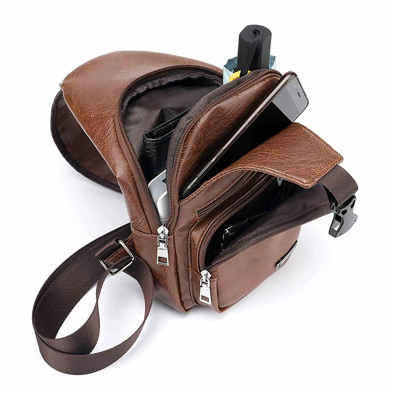 Leather Crossbody Sling Chest Bag w/ USB Charge Port