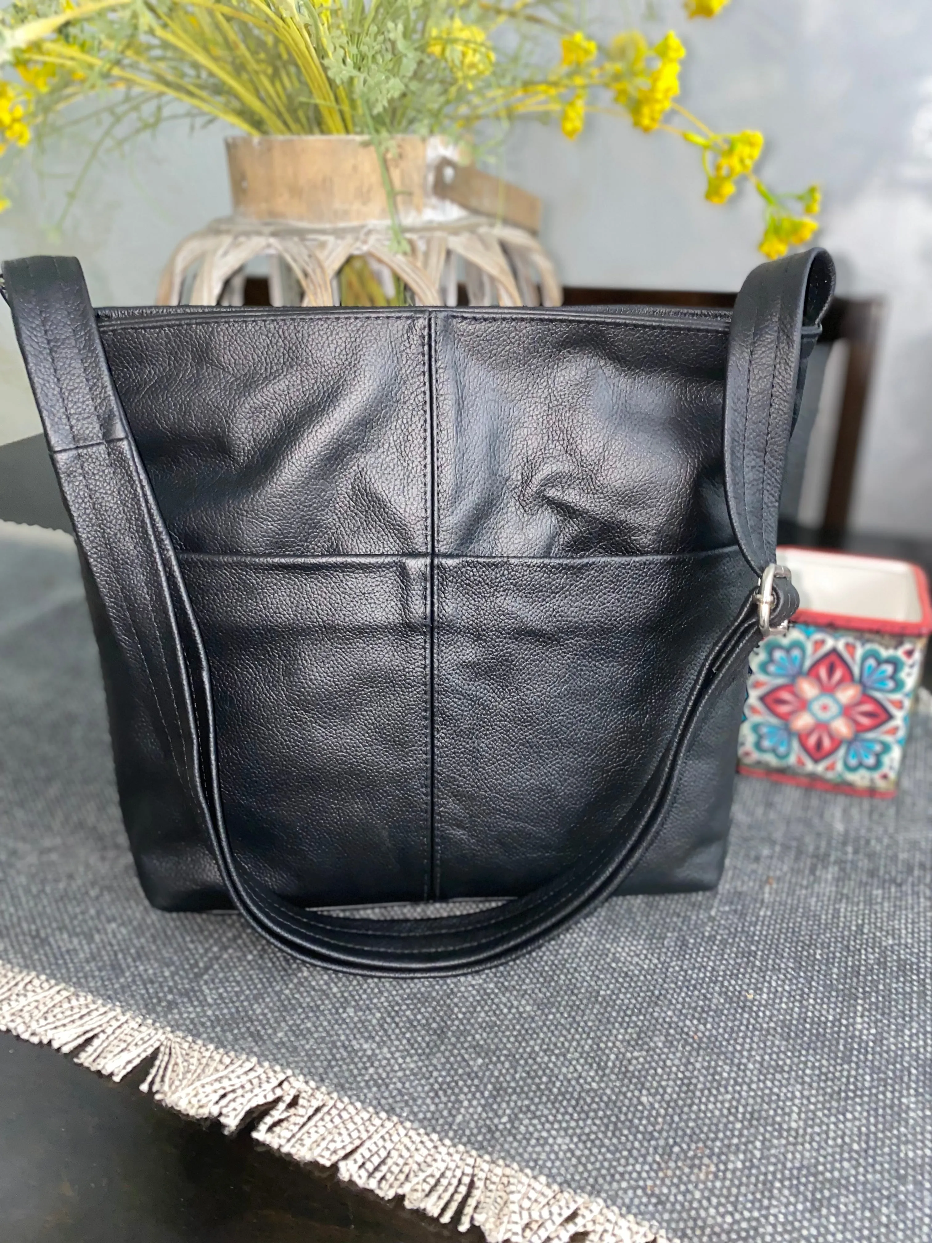 Leather messenger bag .  Black Tote bag. Work bag