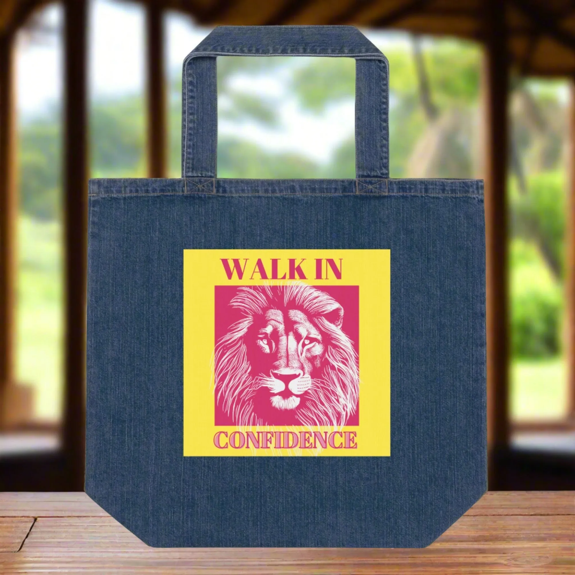 Lion Confidence, sustainable denim tote bag