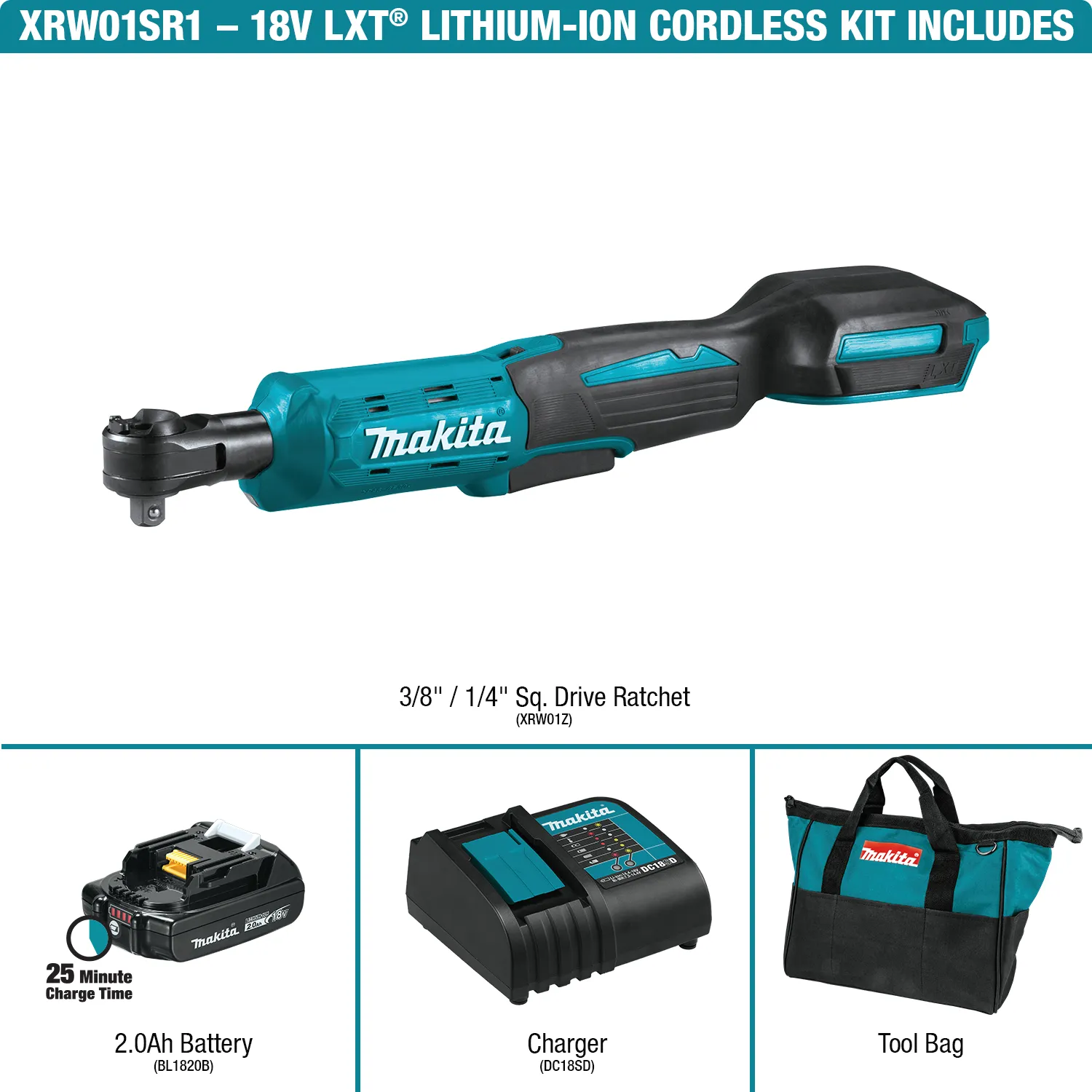 Makita (XRW01SR1) 18V LXT® 3/8" / 1/4" Sq. Drive Ratchet Kit (2.0Ah)