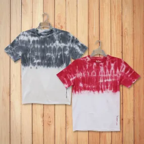 Men Tie Dye Round Neck Regular Fit Casual Tshirt Combo Pack of 2 (Grey, Red)