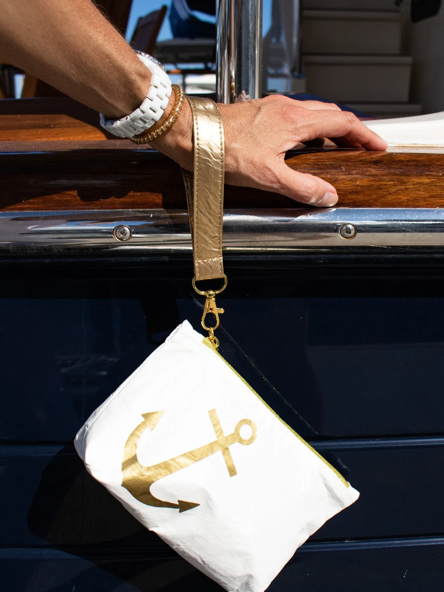 Mini Zipper Pack - “Anchors Aweigh” Shimmer White with Gold Anchor