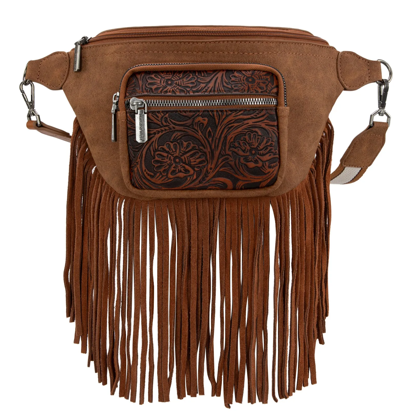 MW1276-194 Montana West Floral Tooled Fringe  Fanny Pack - Brown