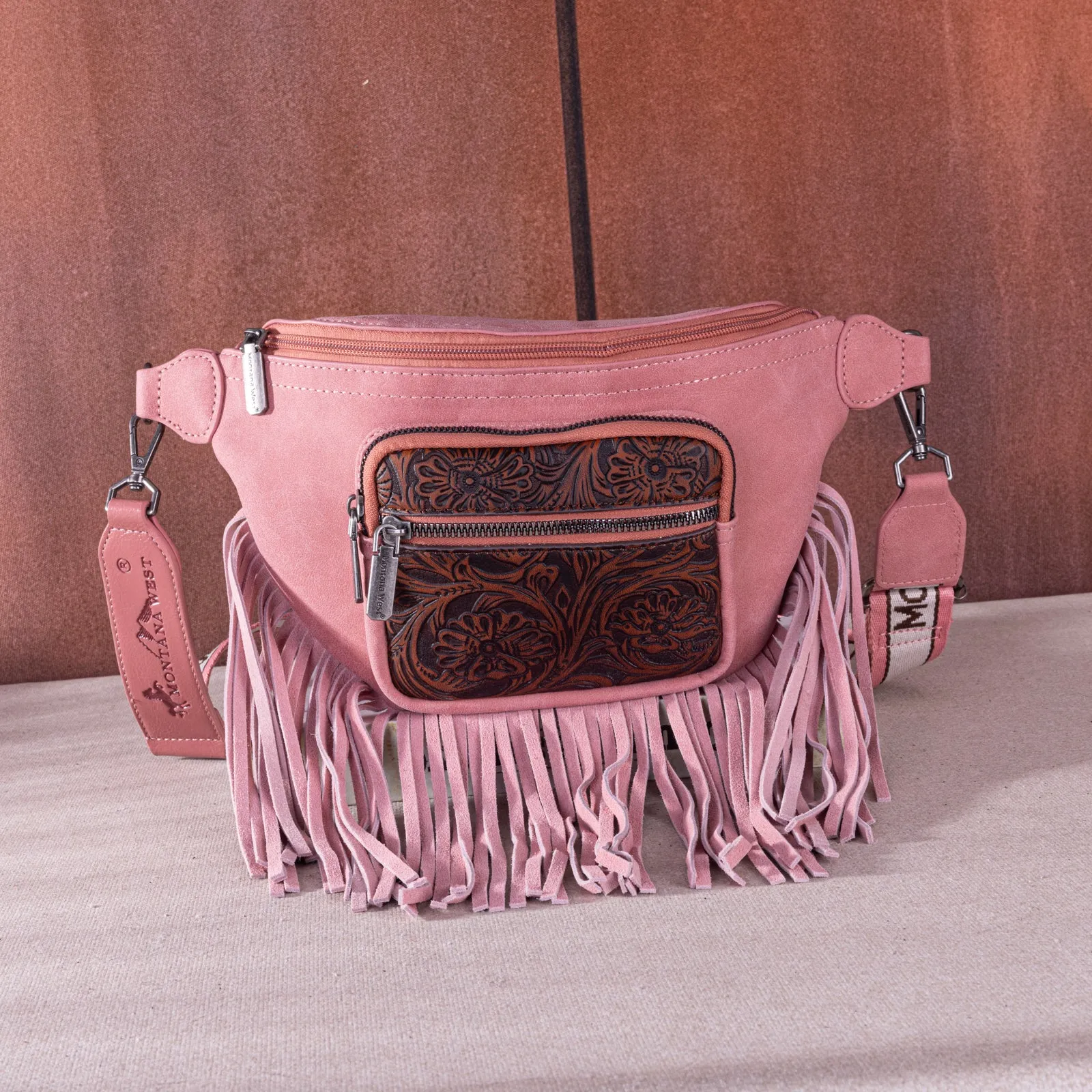 MW1276-194 Montana West Floral Tooled Fringe  Fanny Pack - Pink