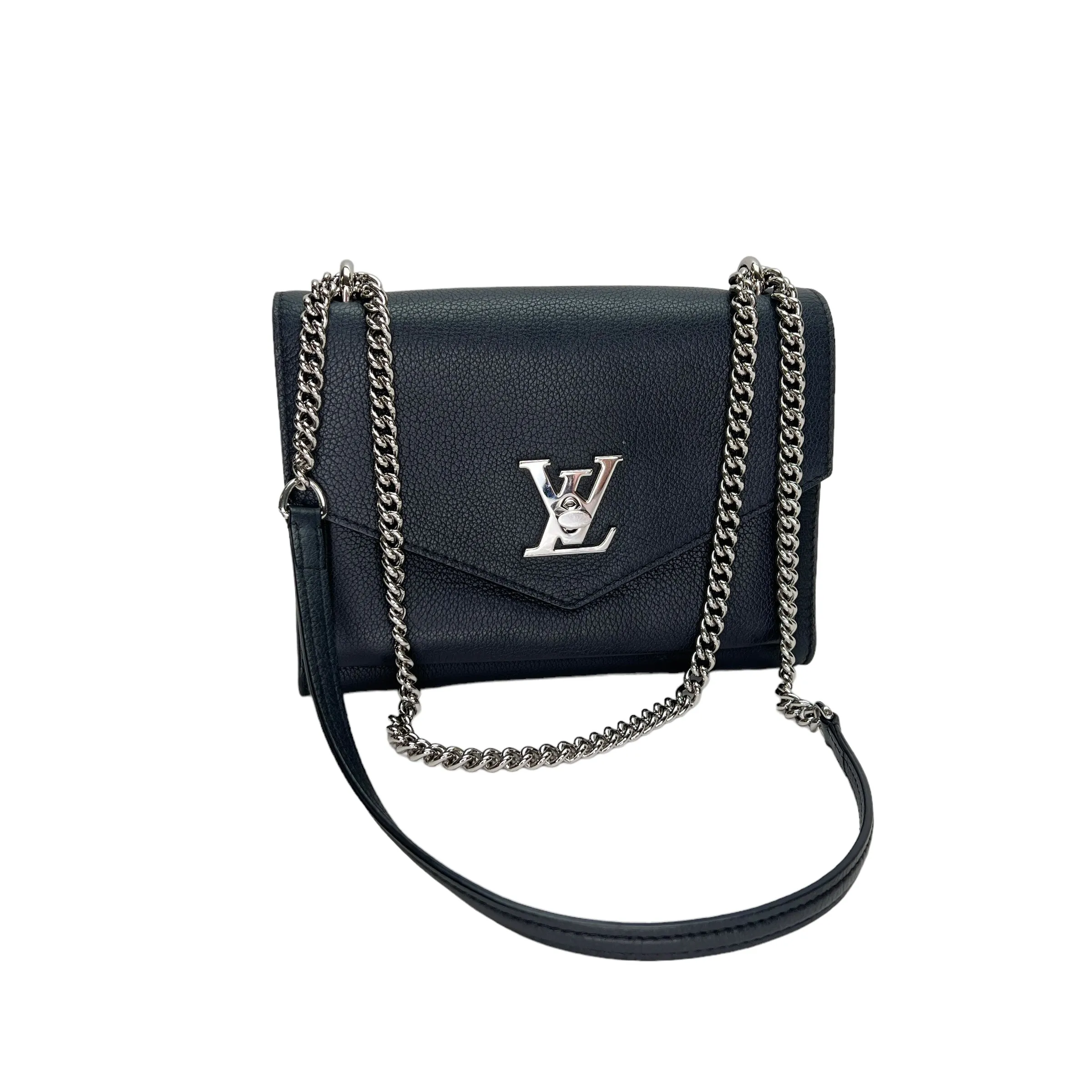 Mylockme Satchel Chain Black Crossbody Bag in Calfskin, Silver hardware