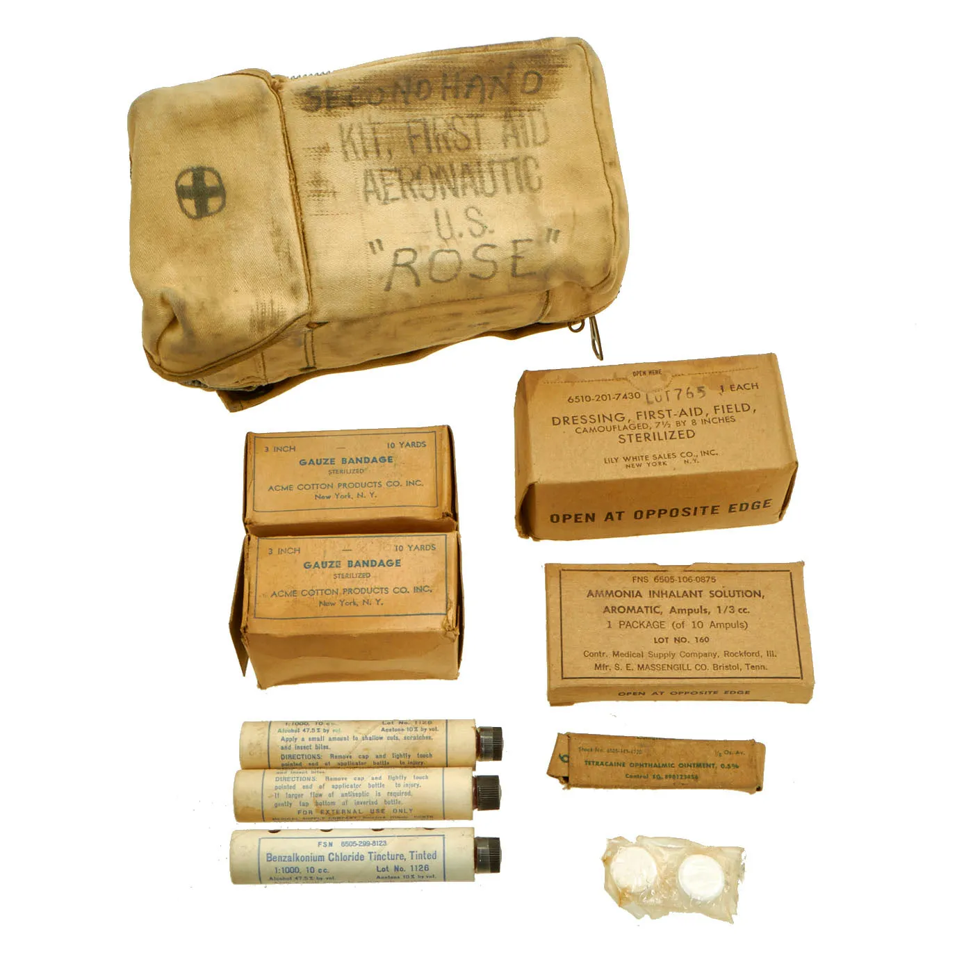 Original U.S. WWII & Korean War First Aid Kit Lot With Contents - (1) Aeronautical (1) Raft