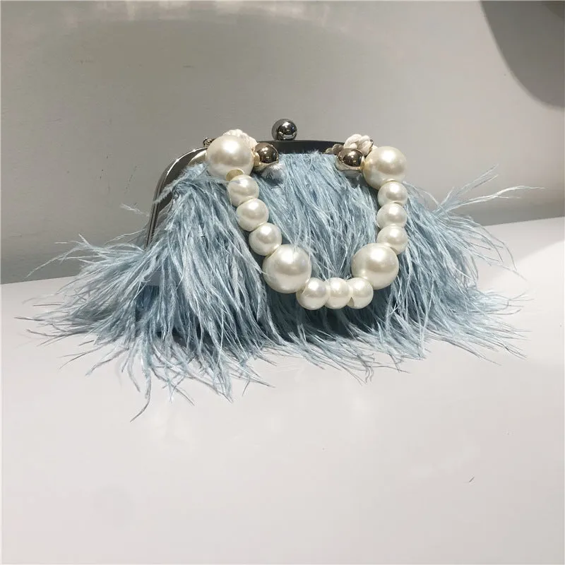 Ostrich Feather Chain Pearl Bag