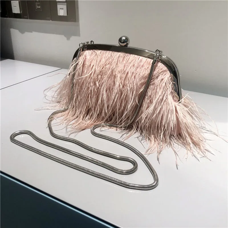 Ostrich Feather Chain Pearl Bag