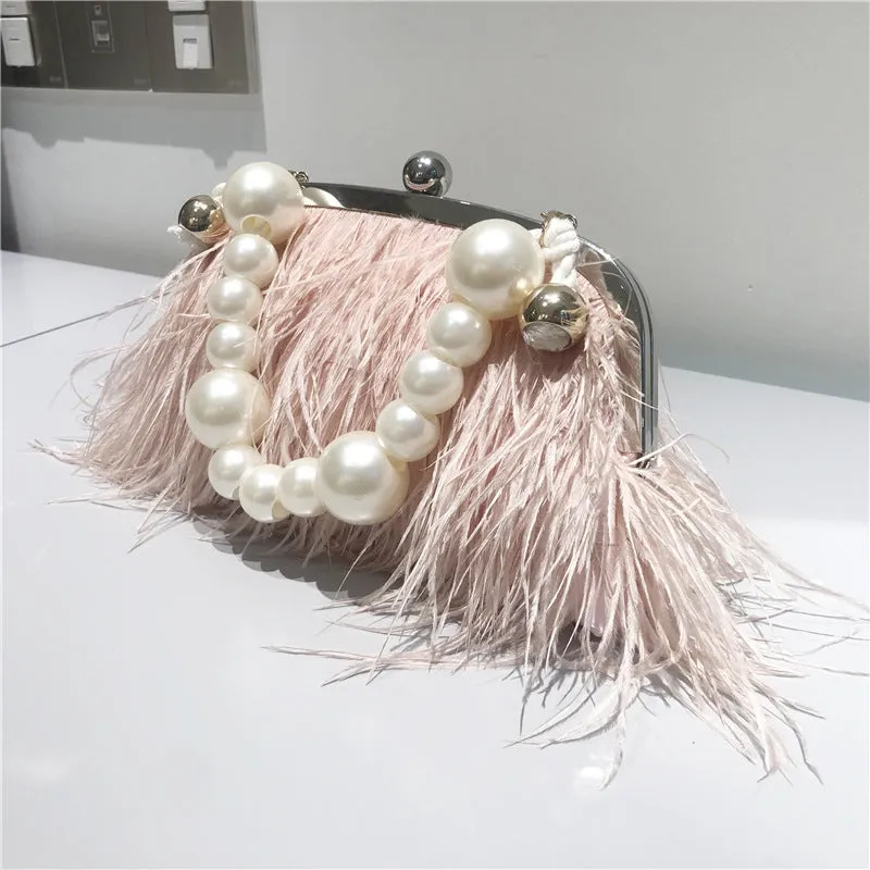 Ostrich Feather Chain Pearl Bag