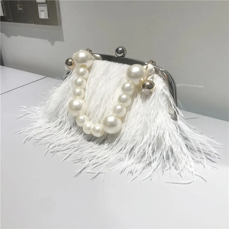 Ostrich Feather Chain Pearl Bag