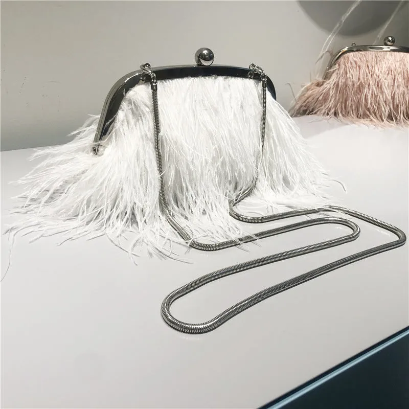 Ostrich Feather Chain Pearl Bag