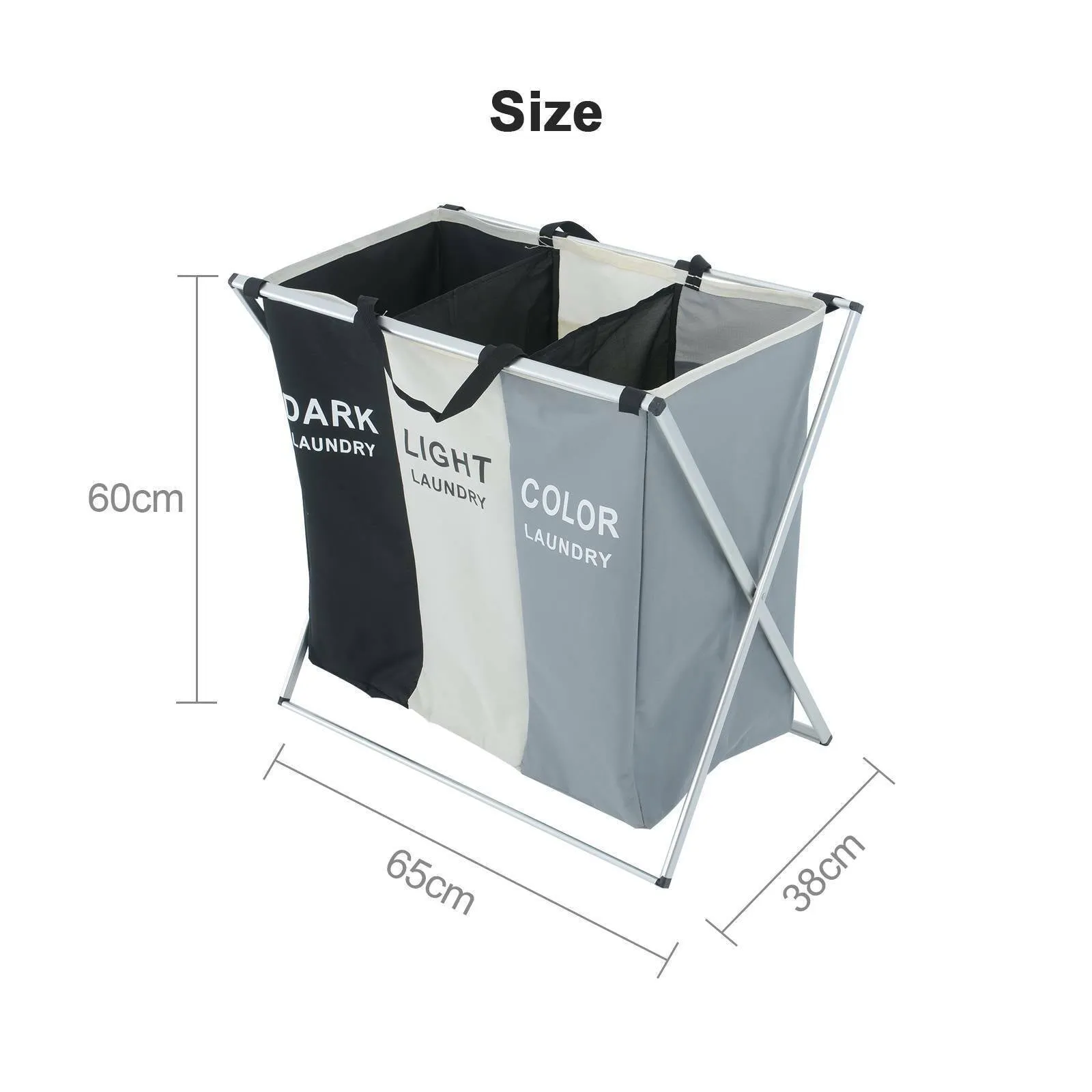 Pantones Laundry Bag Organizer 3 Compartments Dark / Light / Color Aluminium Large Basket Hamper Washing Clothes Storage Bin