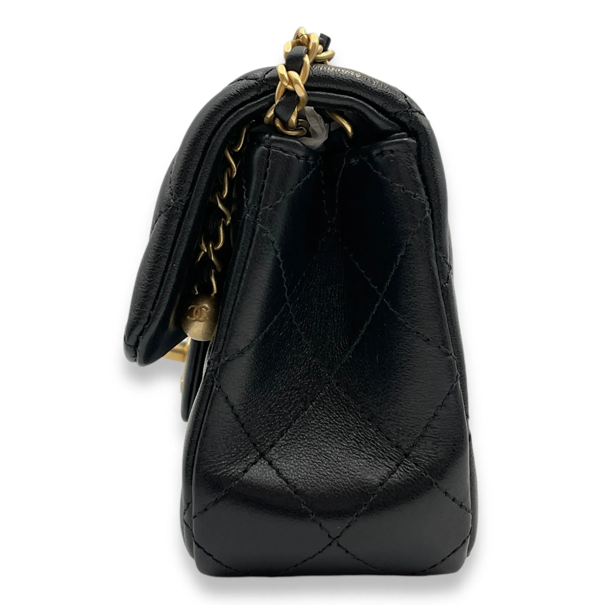 Pearl Crush Rectangle Mini Black Crossbody Bag in Lambskin, Gold hardware