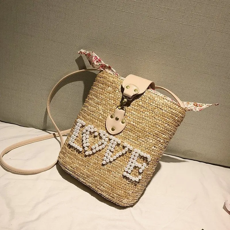 Pearl Love Beach Handmade Straw Shoulder Bag