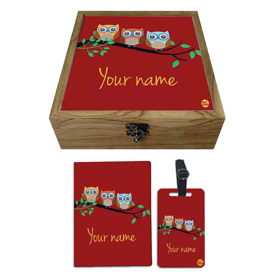 Personalized Passport Cover Combo - Small Owls Red