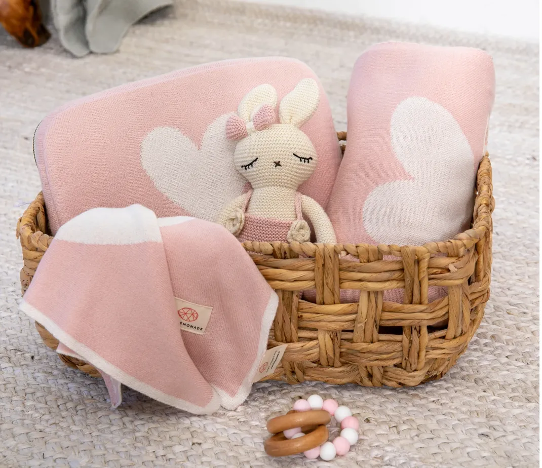 Pink Lemonade Heart Baby Girl Pink/Ivory Blanket, Pouch and Burp Cloth Set