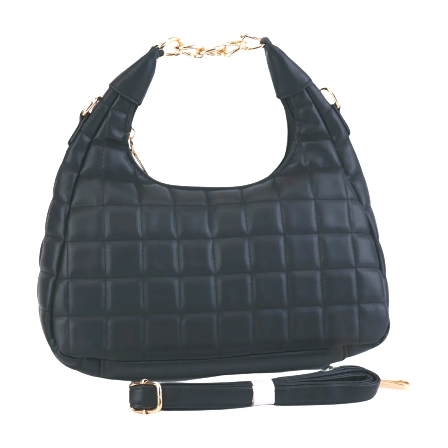 Quilted Hobo Bag with Gold Chain Handle and Shoulder Strap