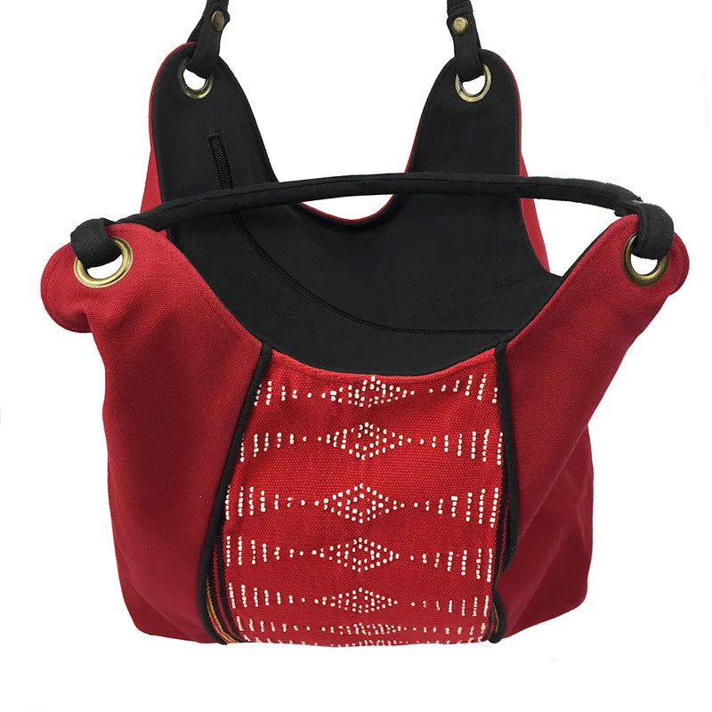 Red Handwoven Shoulder Bag - Beaded Cotton Bag