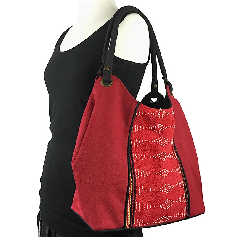 Red Handwoven Shoulder Bag - Beaded Cotton Bag