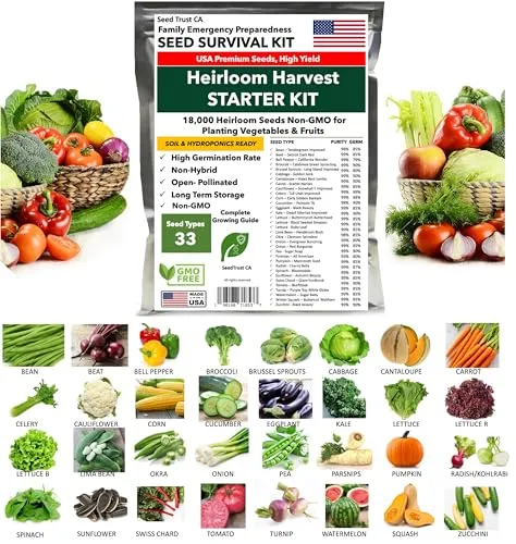 SeedTrust CA 18,000 Non GMO Heirloom Seeds for Planting Vegetables & Fruits (33 Variety Pack) - Gardening Seed Starter Kit, Survival Gear Food, Emergency Supplies – USA