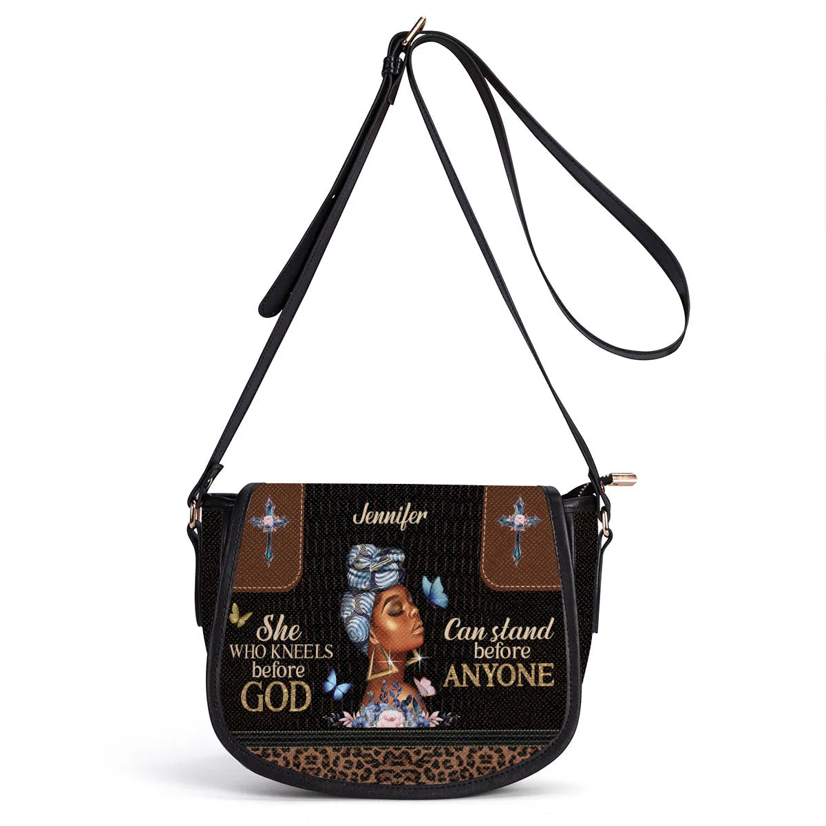 She Who Kneels Before God Personalized Leather Saddle Bag - Christian Women's Handbag Gifts