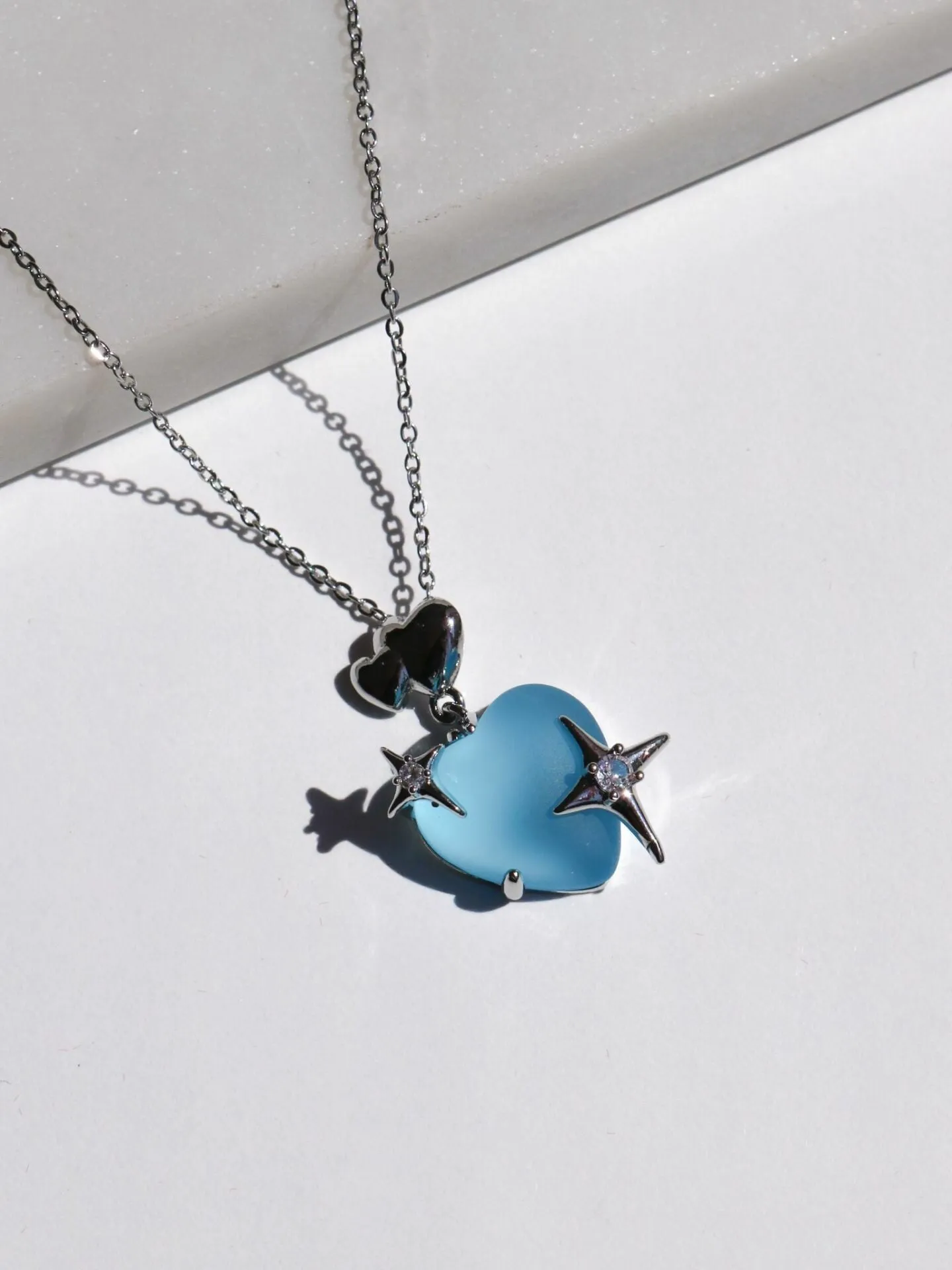 Shining Blue Heart Steel Necklace