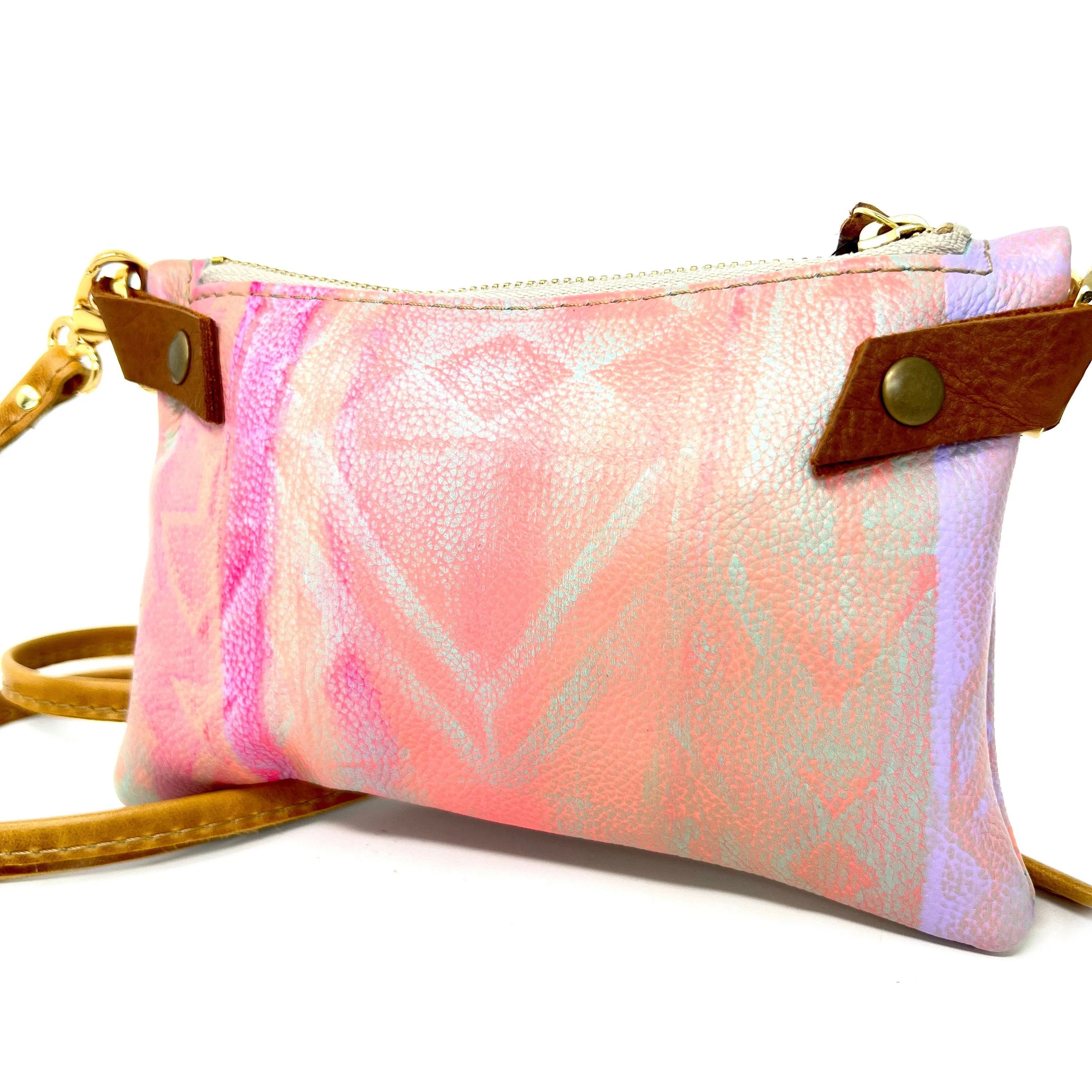 Small Leather Shoulder Bag Crossbody Purse For Women - Hand Painted in Colors of Peach Teal & Fuchsia - One Of A Kind