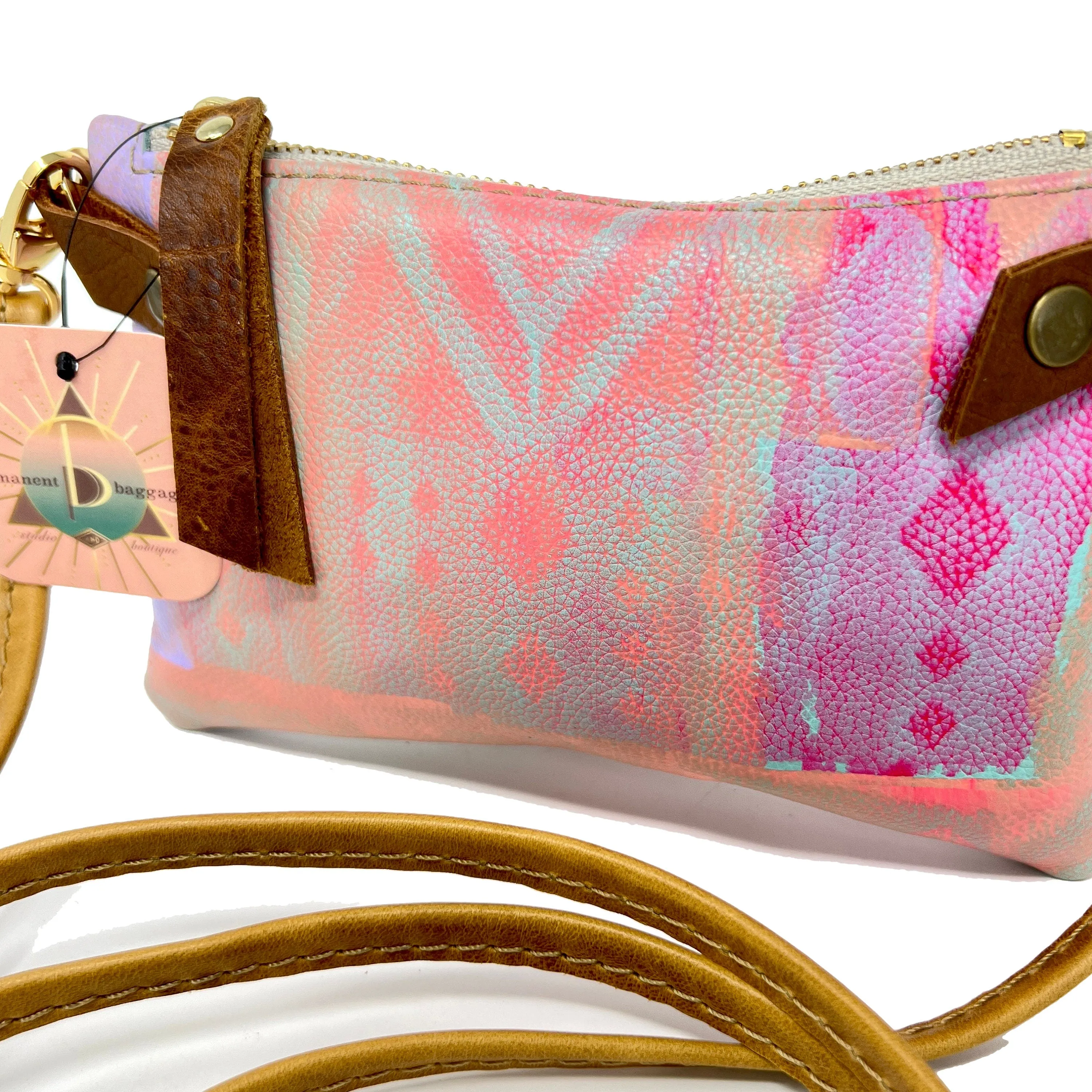 Small Leather Shoulder Bag Crossbody Purse For Women - Hand Painted in Colors of Peach Teal & Fuchsia - One Of A Kind